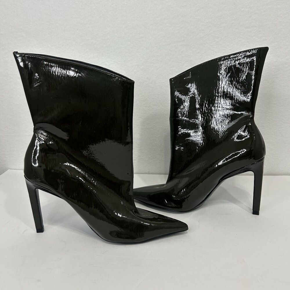 ZARA Trafaluc 38 / 7.5 Heel Ankle Boots Pointed Toe Green Faux Patent Leather - Picture 5 of 8